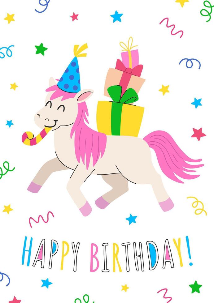 Birthday kids greeting card with unicorn in party hat, party horn and gifts on the back. Party invitation or holiday greeting design template. vector