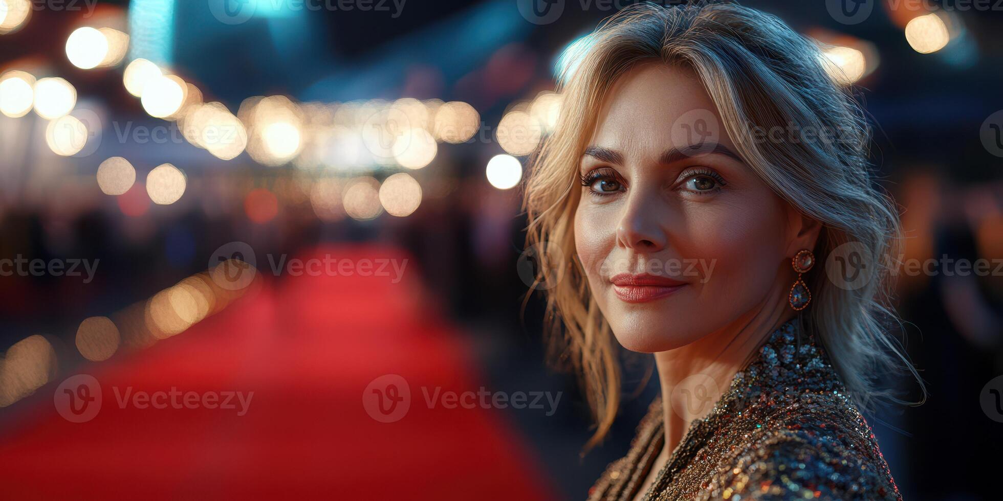 Elegant woman in glamorous attire poses on the red carpet during a film festival event at night photo