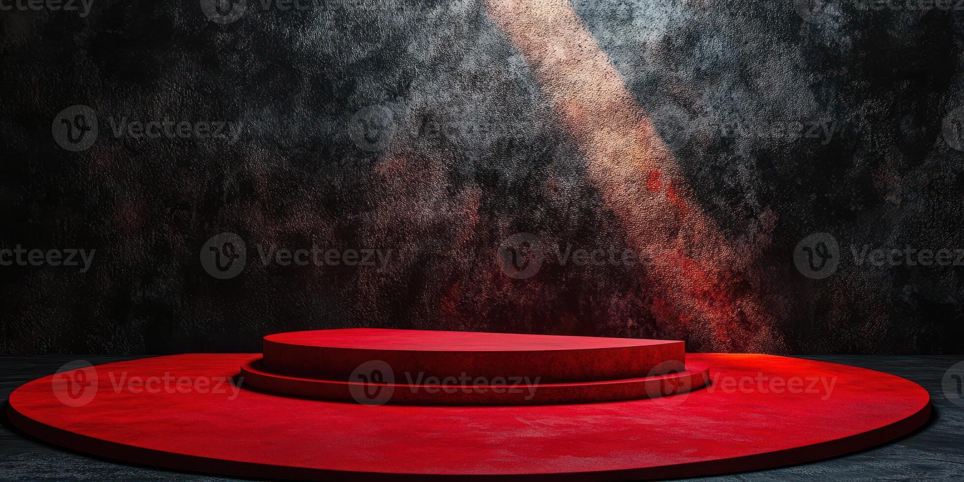 Red circular stage illuminated by spotlight in a darkened urban setting with textured walls photo