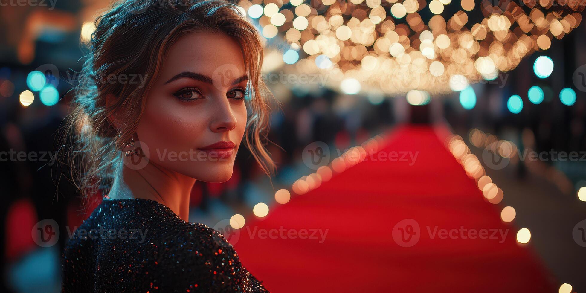Elegant woman in a shimmering dress poses on red carpet during evening event with festive lights photo