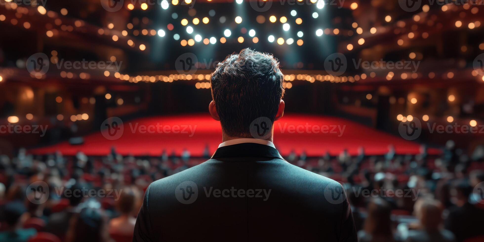 Performer prepares for a captivating act in a vibrant theater with an engaged audience late at night photo