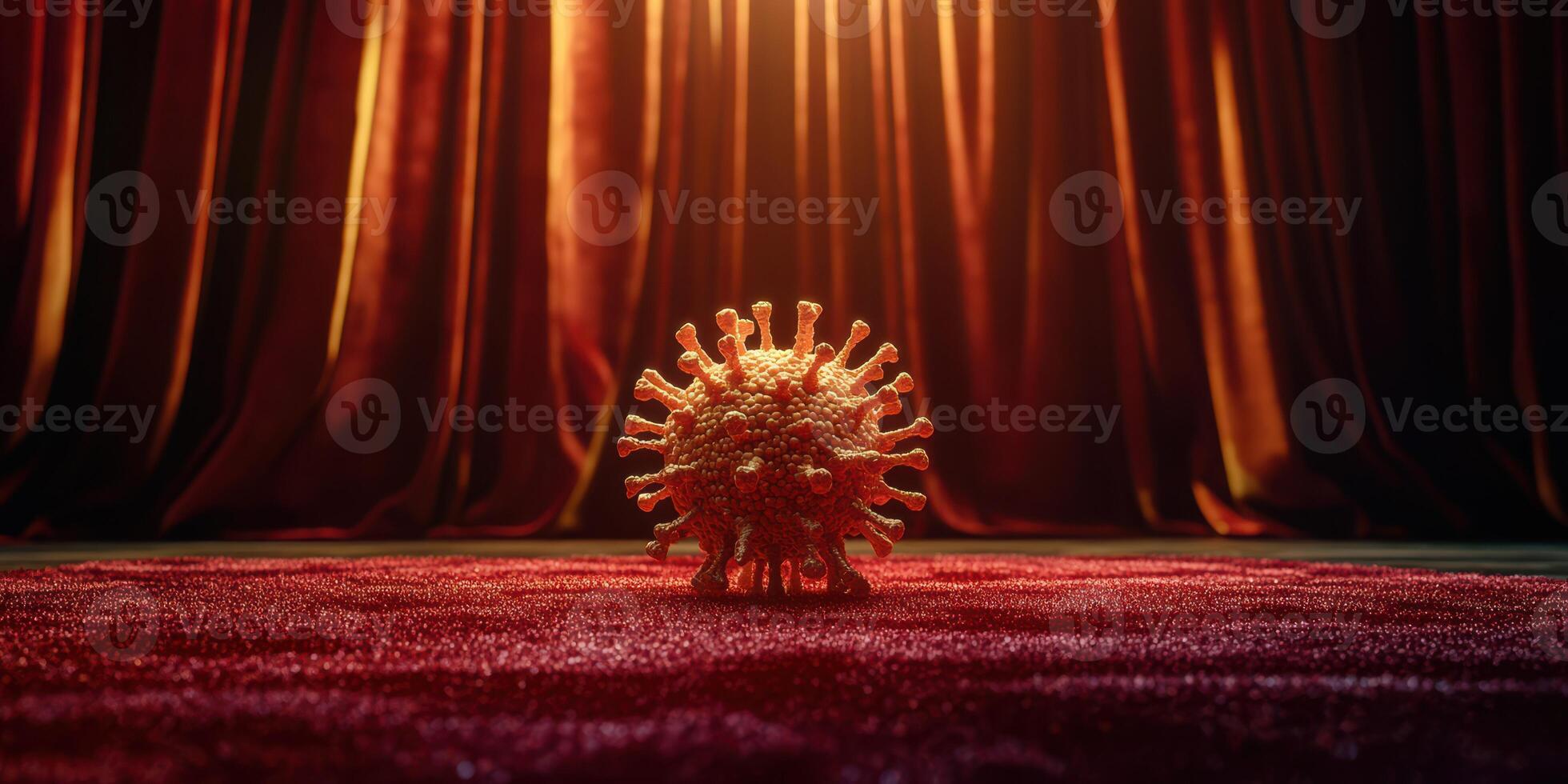 Microscopic view of a virus sphere under dramatic lighting on stage with rich red curtains in a theatrical setting photo