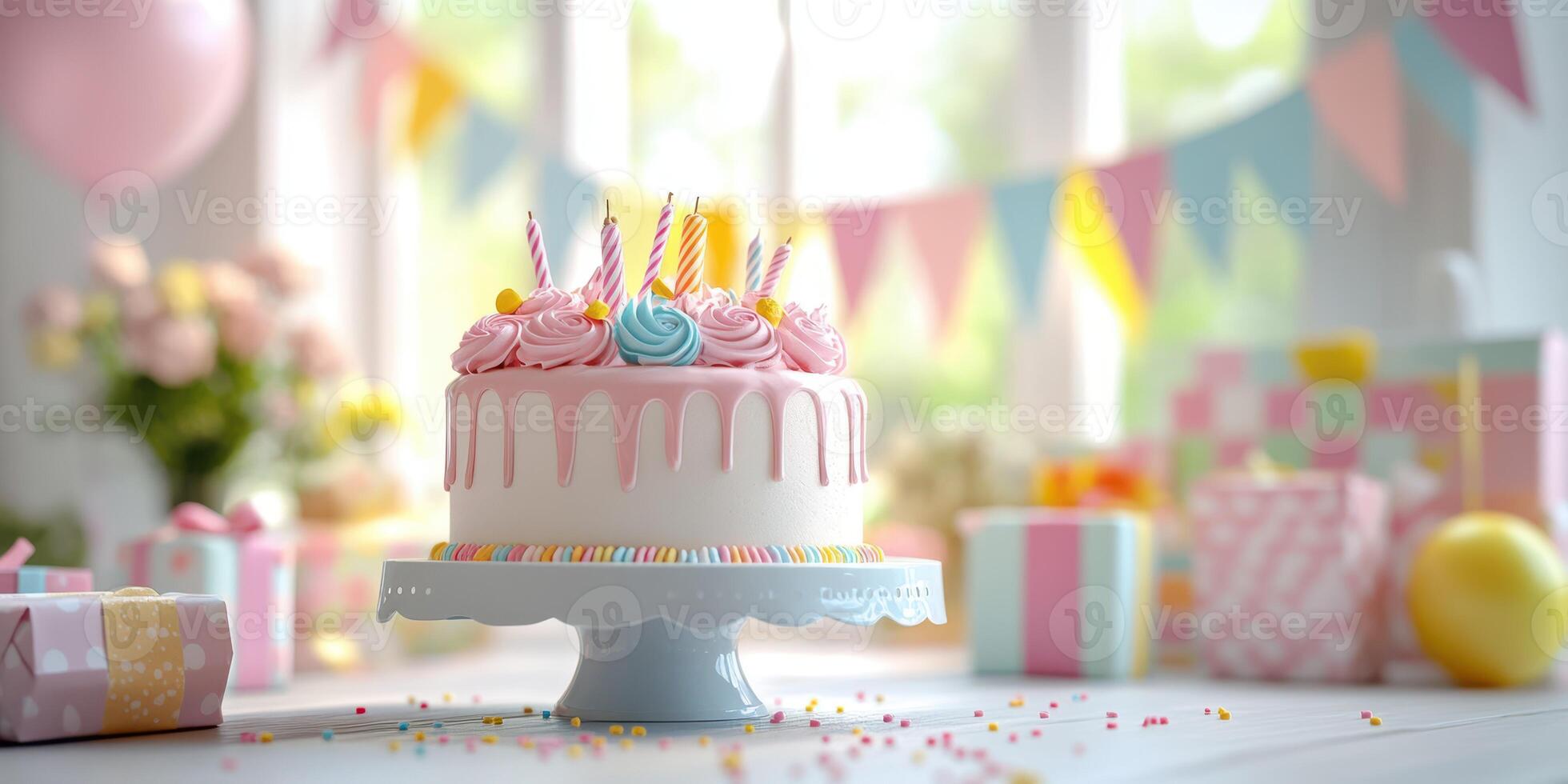 Celebratory cake with colorful frosting and decorations in a festive setting photo