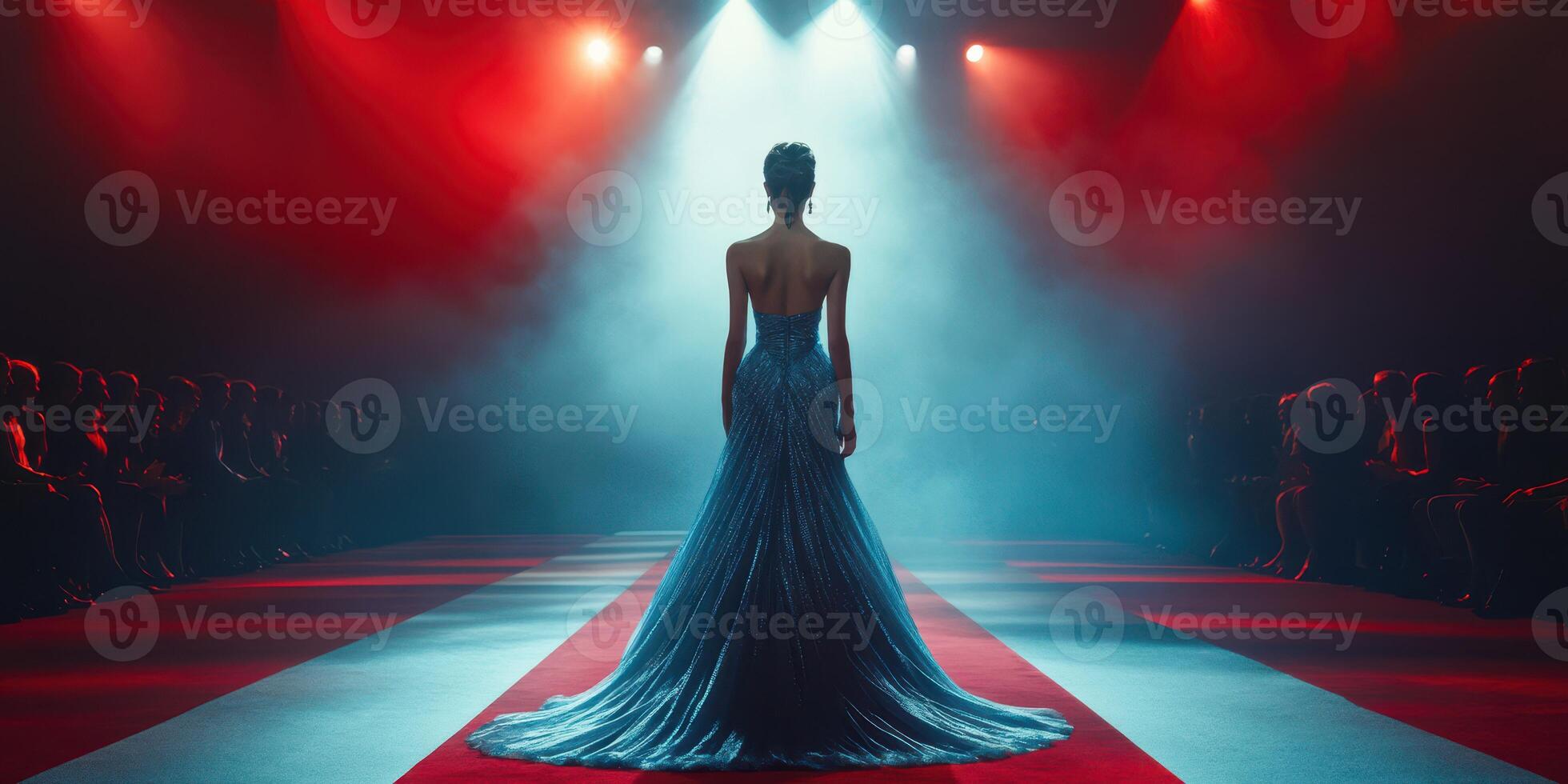 Fashion model showcases stunning gown on runway during evening event with dramatic lighting and captivated audience photo