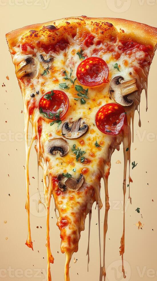 Delicious slice of pizza topped with pepperoni and mushrooms drizzling cheese with herbs on a light background photo