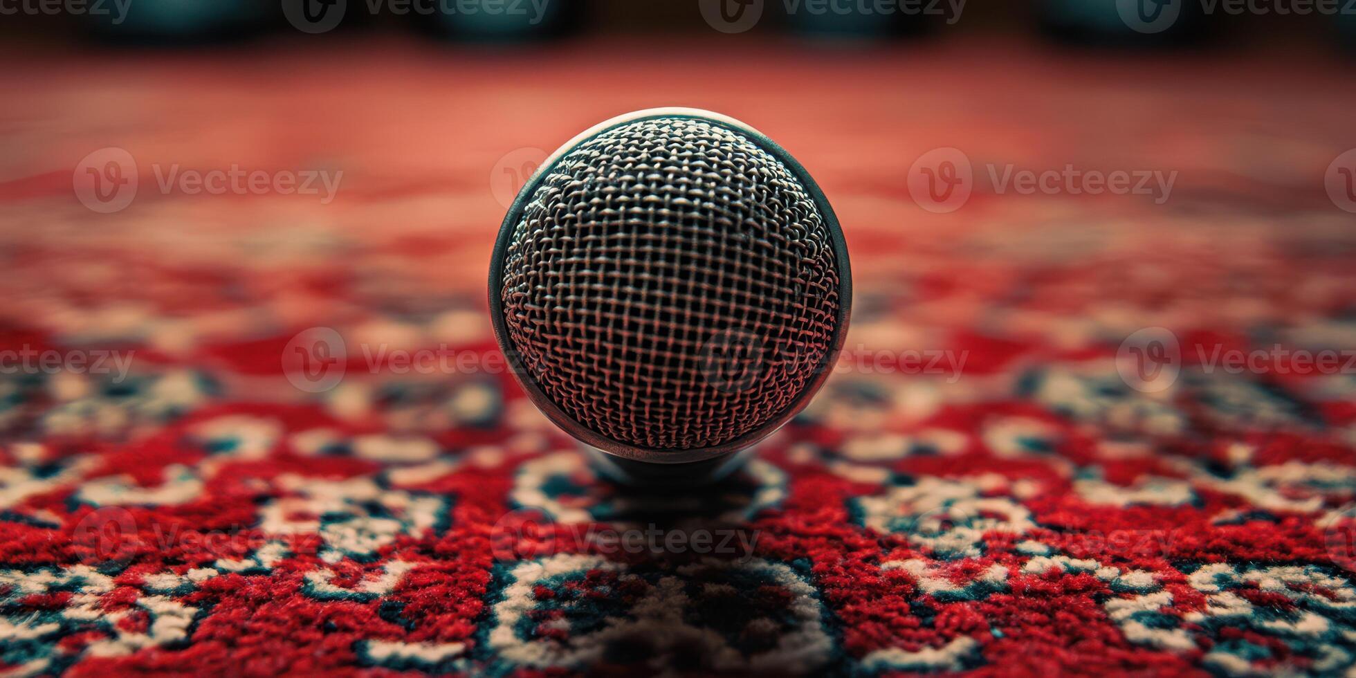 Microphone positioned on a vibrant red carpet during an intimate gathering for music and storytelling events in a cozy venue photo