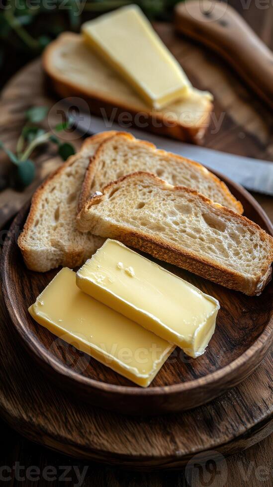 Freshly sliced bread served with creamy butter on a rustic wooden plate during a cozy afternoon photo