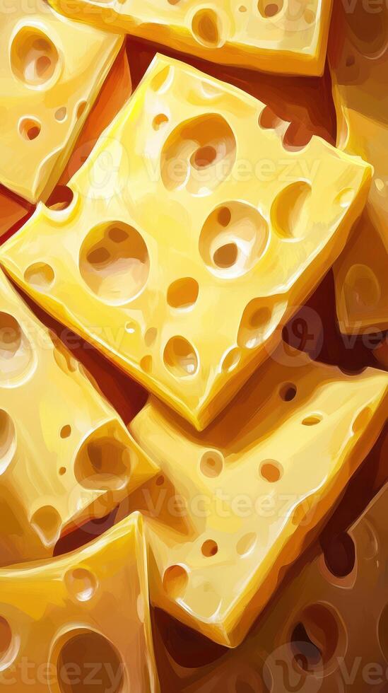 Delicious slices of cheddar cheese with holes arranged creatively on a wooden surface photo