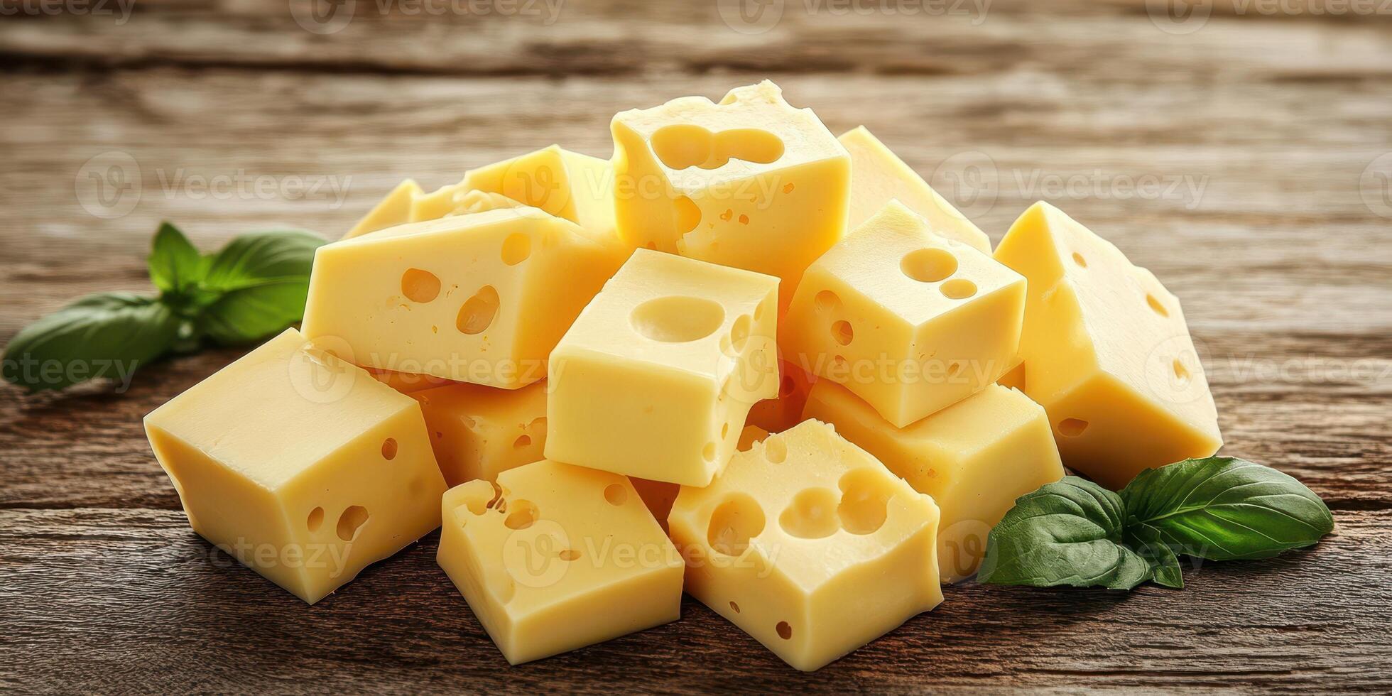 Freshly cut blocks of cheddar cheese arranged on a wooden table with fresh basil leaves accentuating the presentation photo
