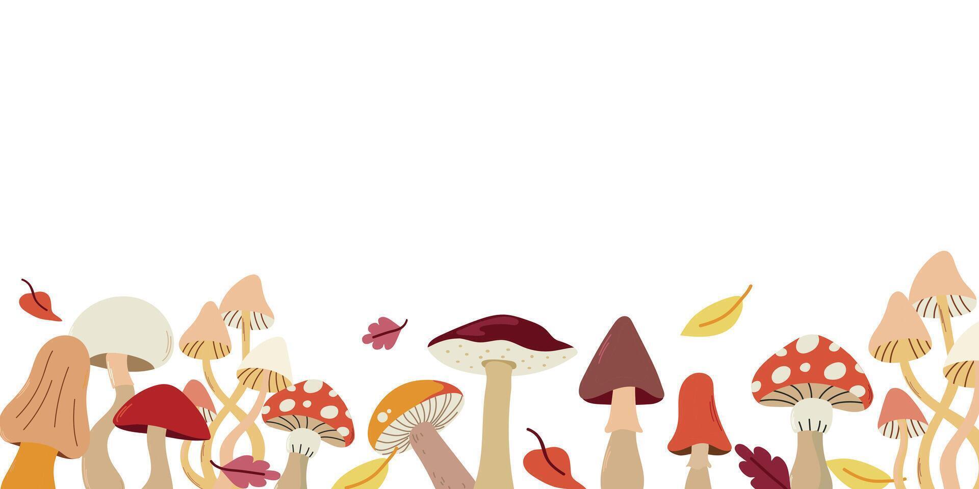 Mushrooms border. Autumn fungus card banner horizontal botanical decoration. vector