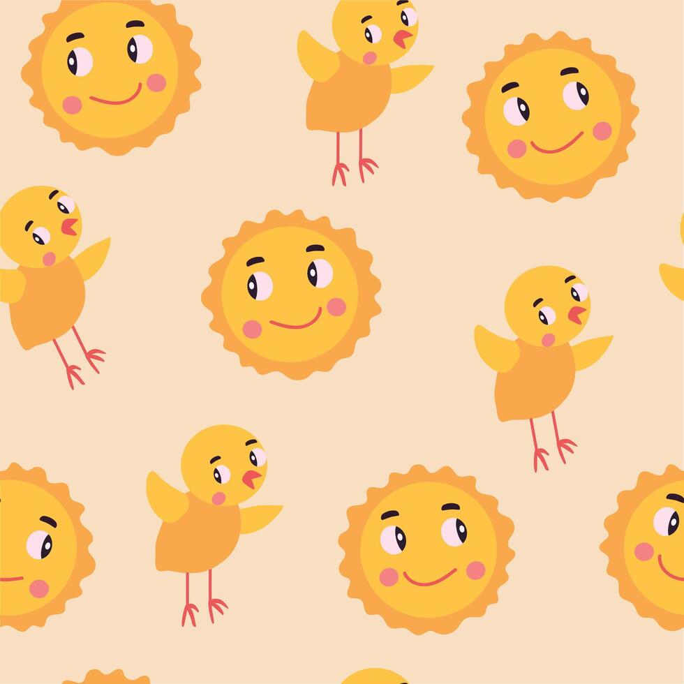 Spring Easter Summer seamless pattern background for packaging and decoration with cute chicken and sun vector