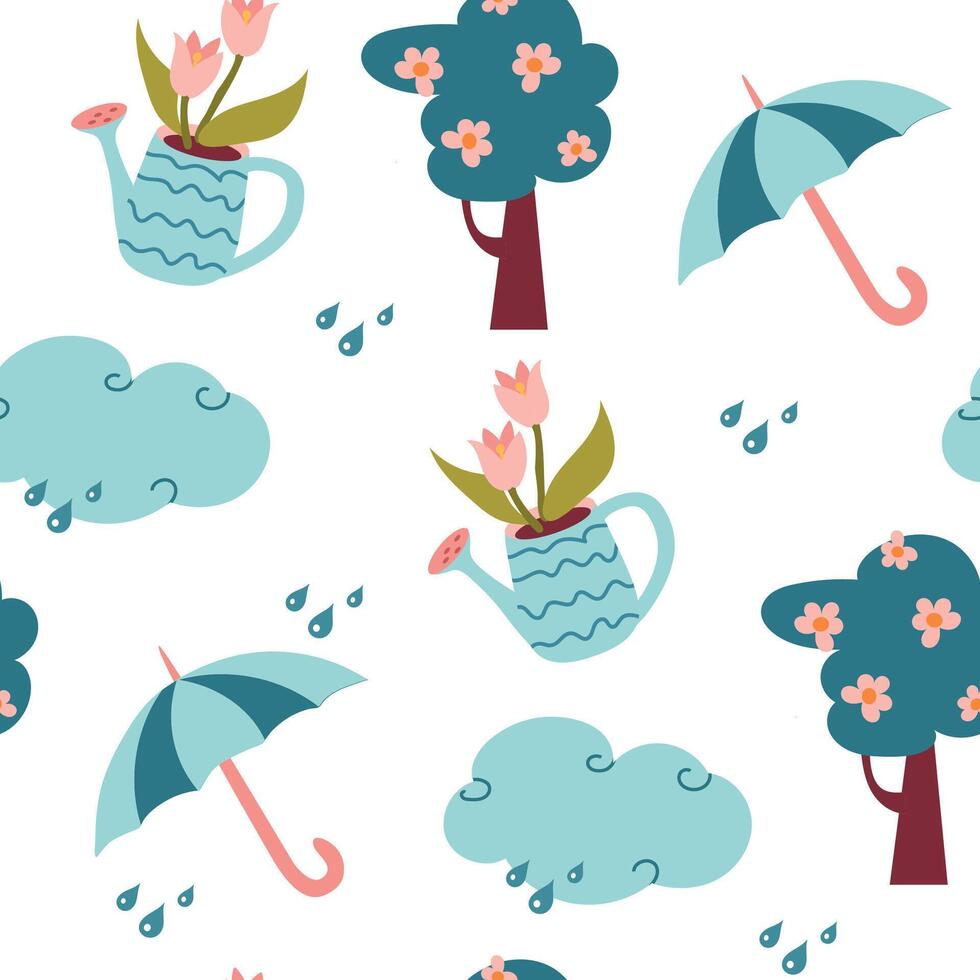 Spring pattern seamless pattern background for packaging and decoration with rain, rain cloud, umbrella, spring flowers and trees vector