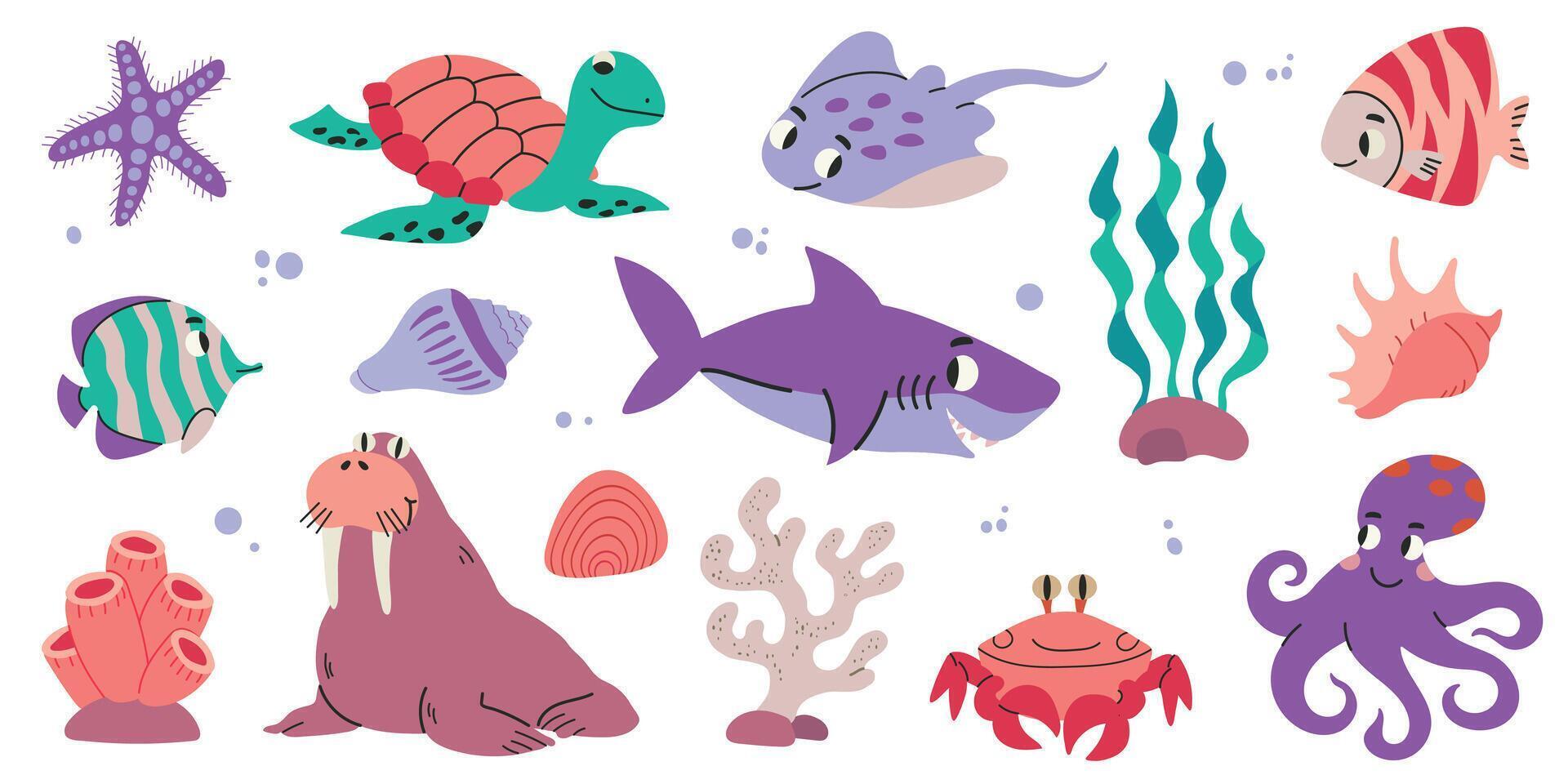 Collection set of sea and ocean underwater animals, corals and seaweeds. Cute little shark, crab, stingray, turtle, octopus, warlus and fishes vector