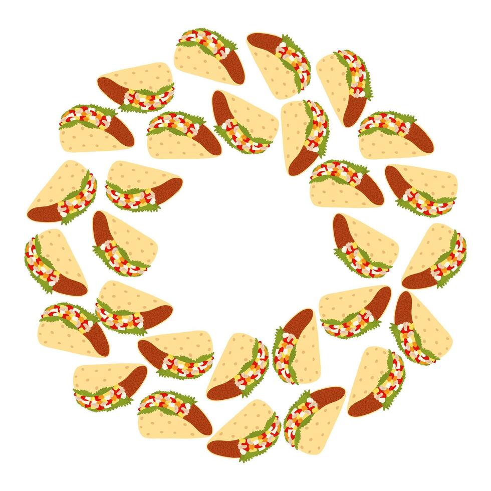 Mexican Taco meat and vegetables Circular Frame border Taco Day greeting Copy space Template concept. Isolated illustration Thematic or Greeting cards poster, banner, price, label or web promo vector