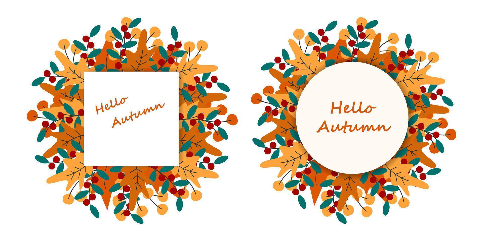 Hello Autumn Freehand lettering Quadratic and Circular Note Pages Autumn Leaves Frame borders Set 2. Isolated illustration Greeting or Thematic cards, posters, price, labels or web promo banner vector