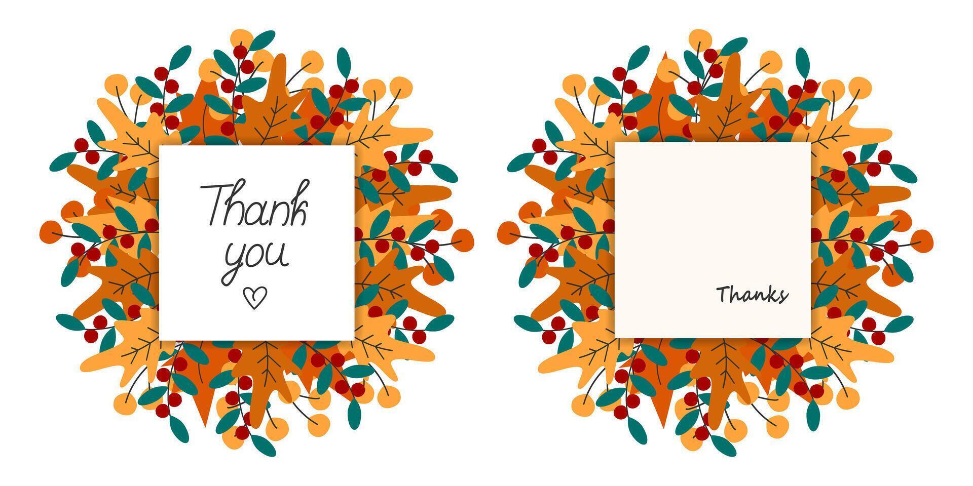 Thank you Thanks Freehand text square Note Pages Autumn leaves Wreaths. Thanksgiving greeting Set 2. Isolated illustration Thematic cards or web promo banners, leaflets, print materials or tags vector
