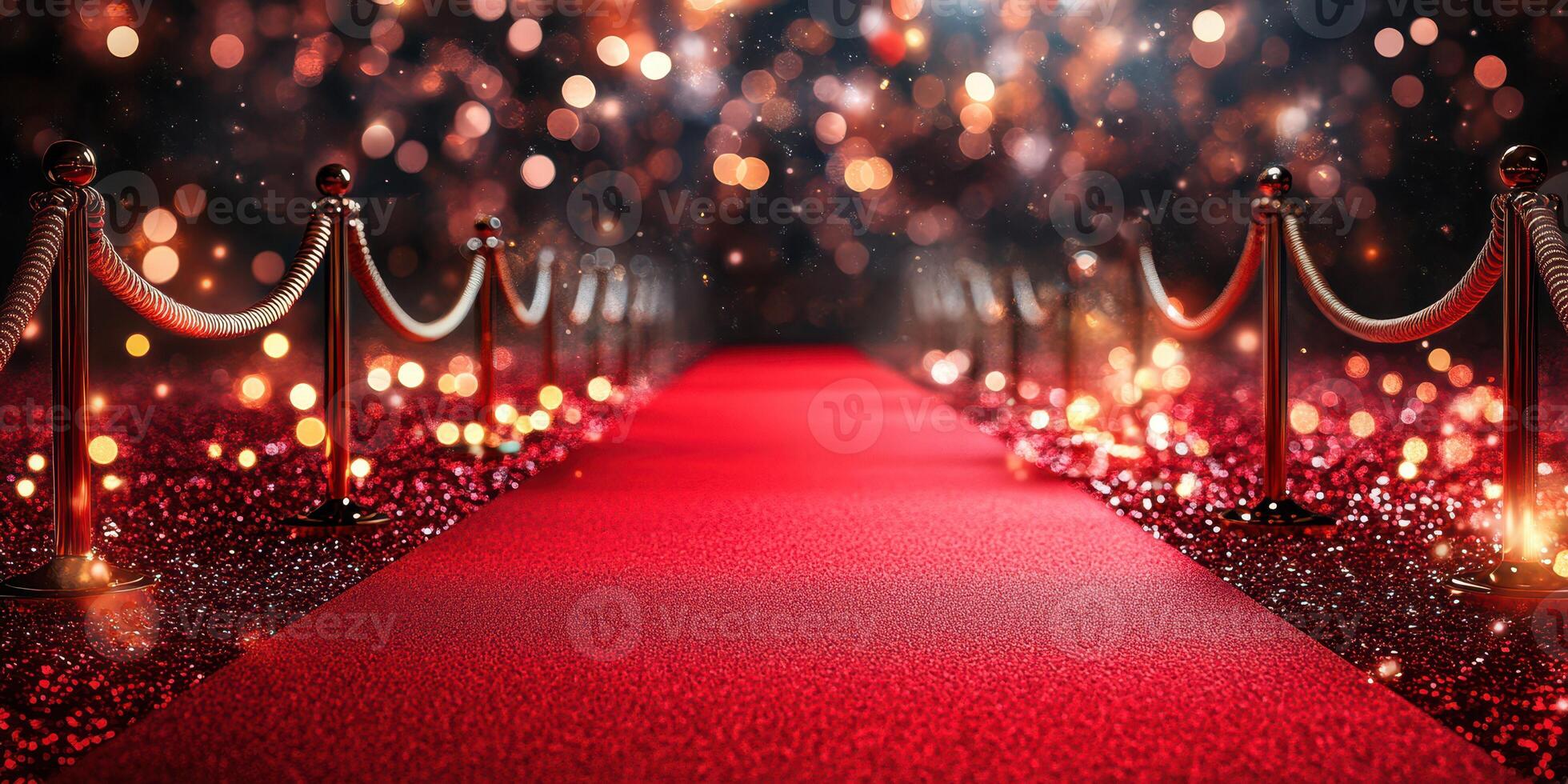 Elegant red carpet leading to a glamorous event with vibrant lights and shimmering bokeh in the background photo