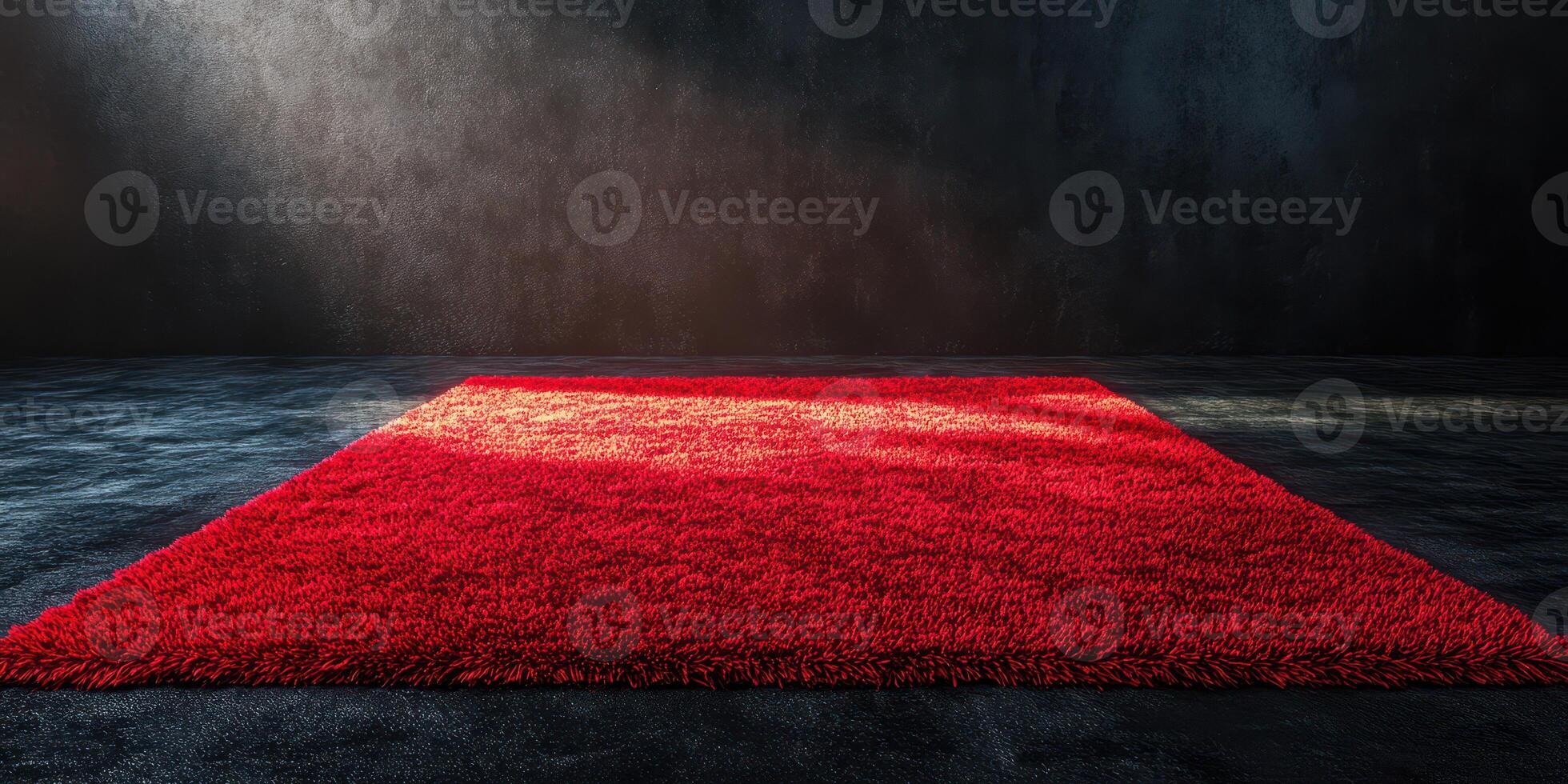 Vibrant red rug positioned in a dimly lit room showcases texture and color contrast photo