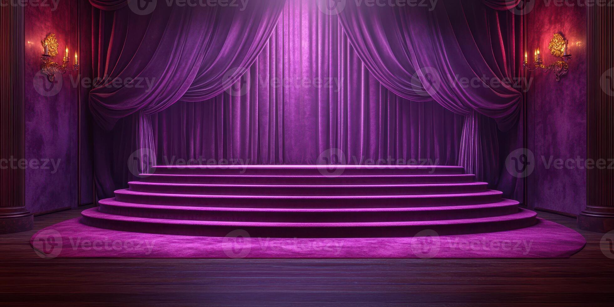 Elegant purple stage setup featuring stepped platform and theatrical curtains in dimly lit venue photo