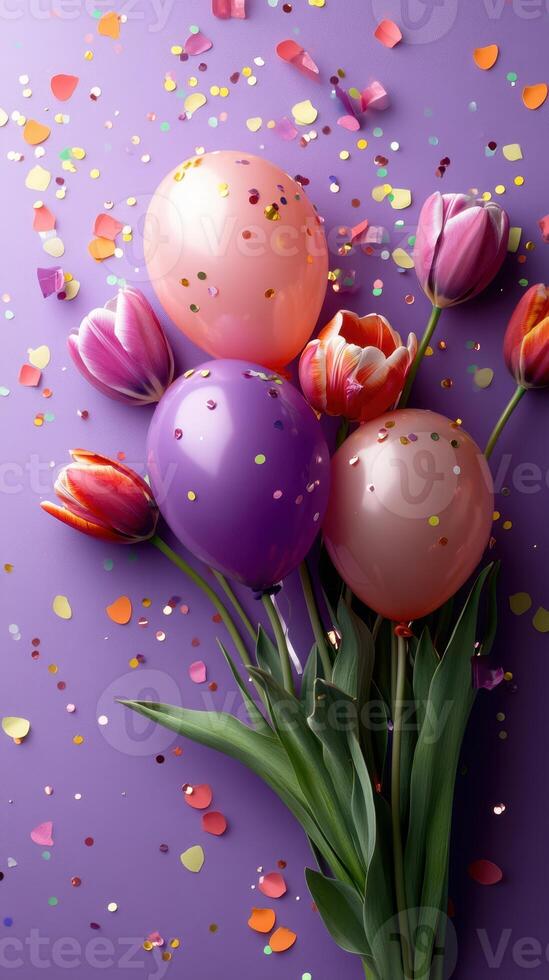 Colorful balloons and vibrant flowers create a festive atmosphere for a celebration on a purple background photo