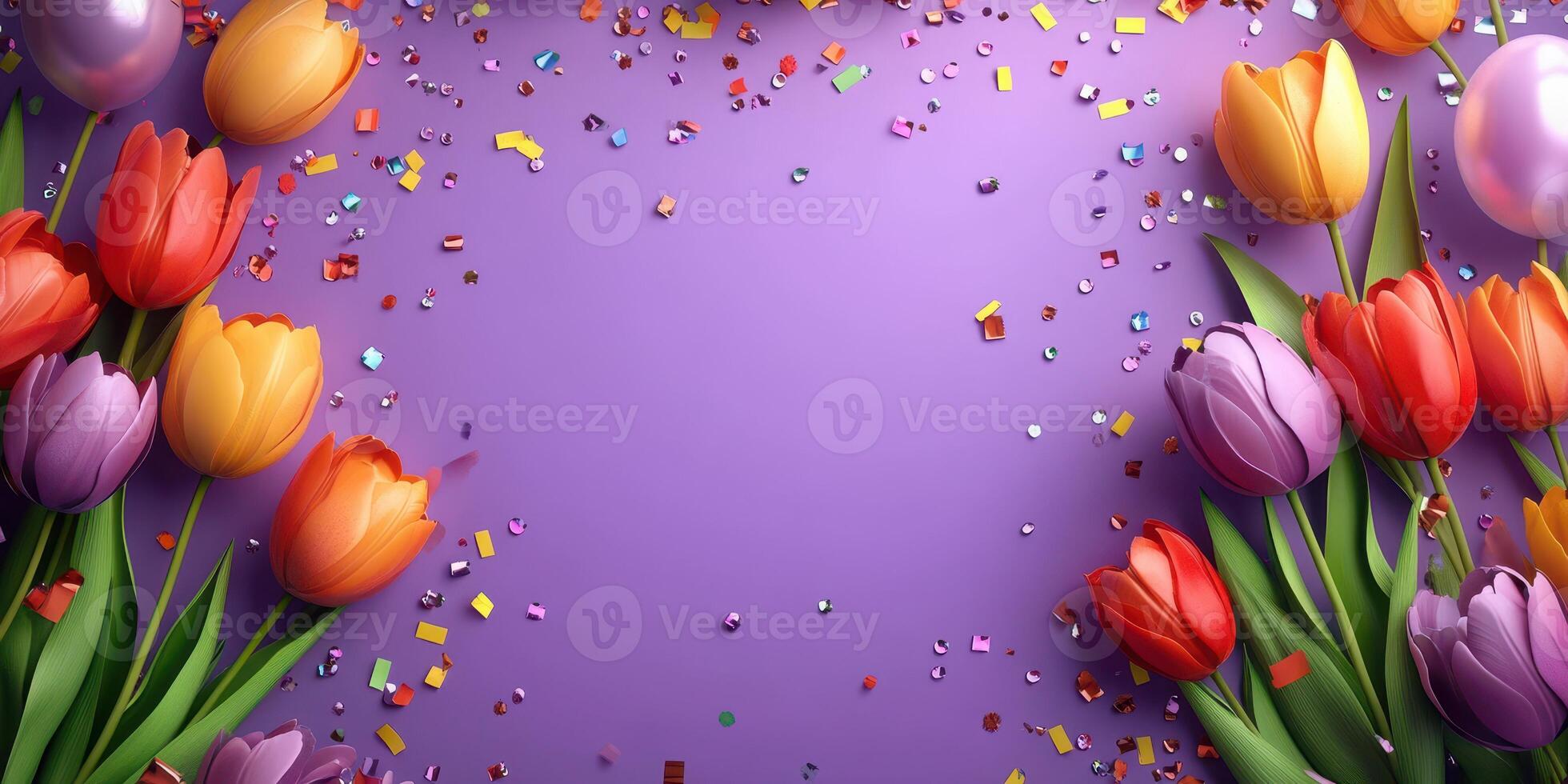 Colorful tulips surround vibrant confetti on a purple background for a festive celebration or spring event photo