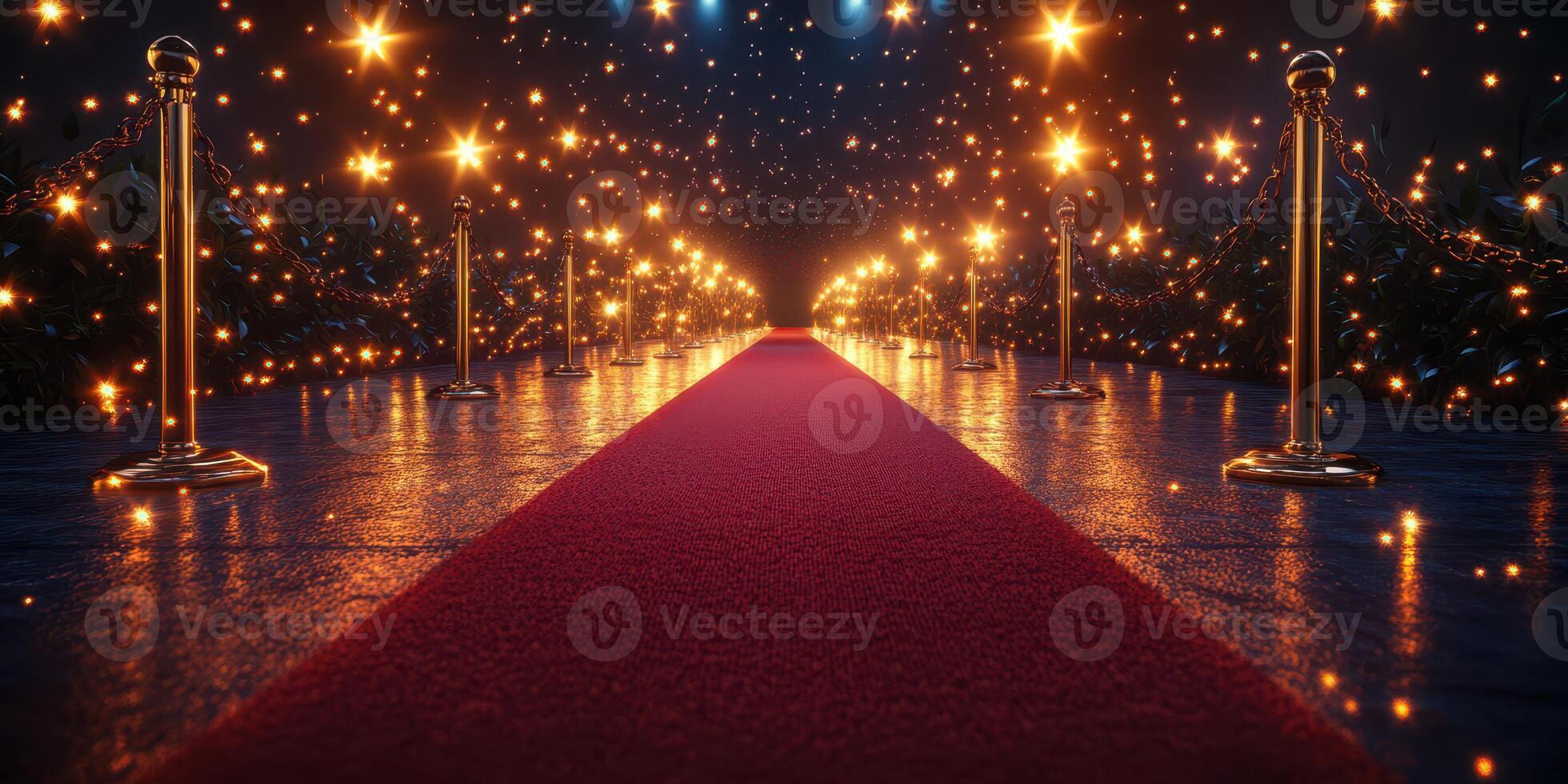 Red carpet lined with golden ropes and sparkling lights creates a glamorous experience for event attendees photo