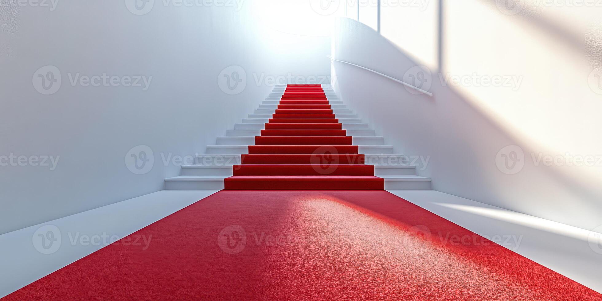 Stairs illuminated by natural light with a striking red carpet leading upward in a modern architectural space photo