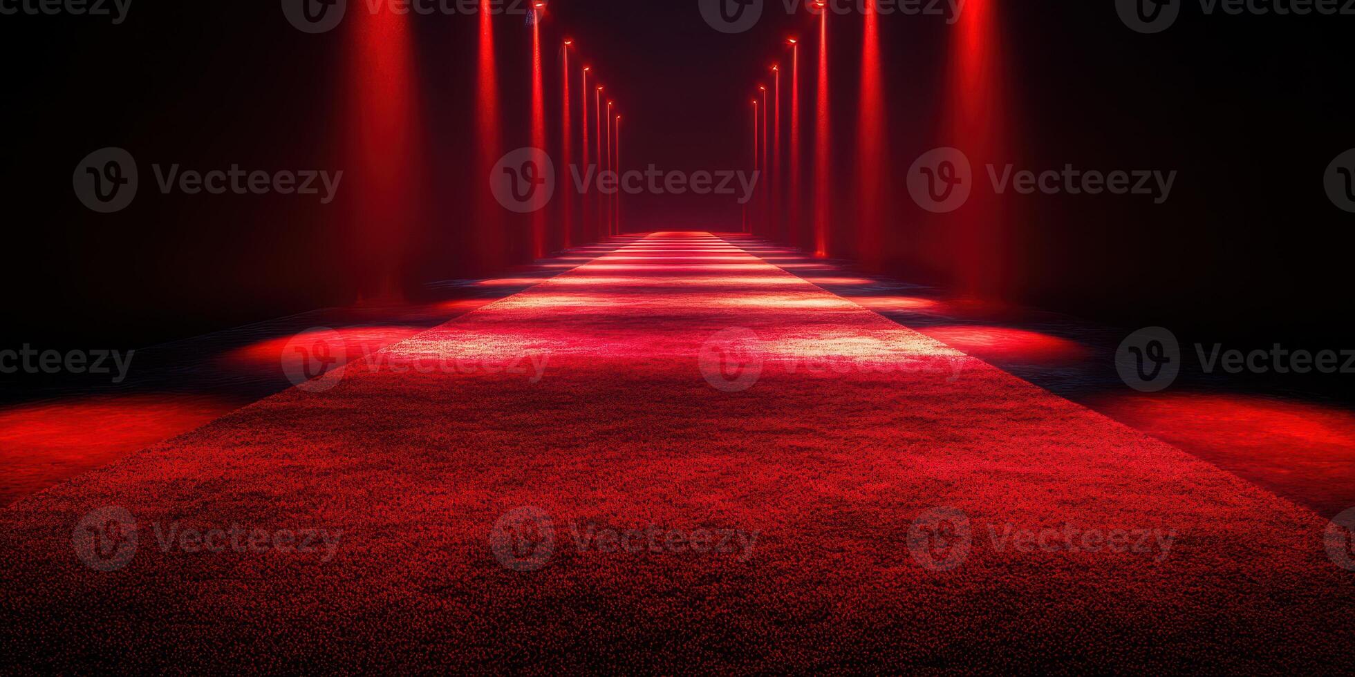 Illuminated red carpet leads to vibrant stage set for an upcoming performance in an urban venue photo