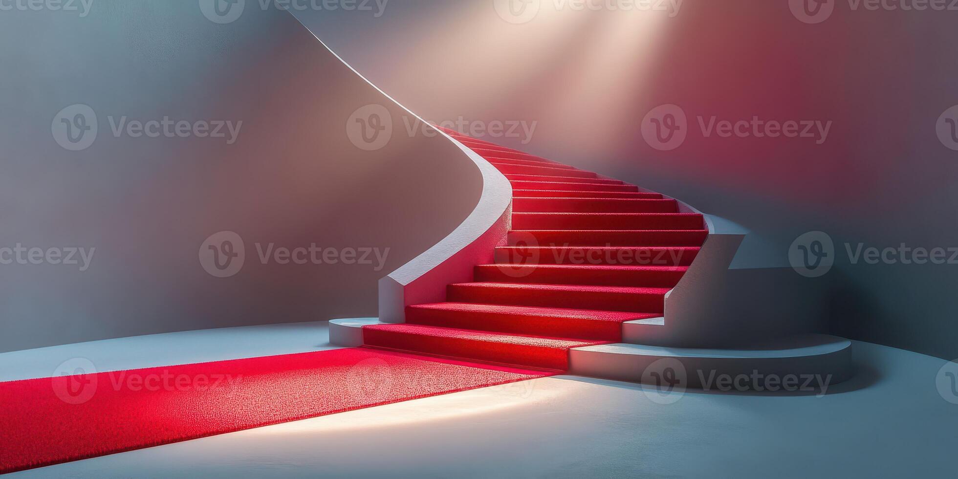 Elegant curved staircase with red carpet leading to an illuminated upper level in a modern interior space photo