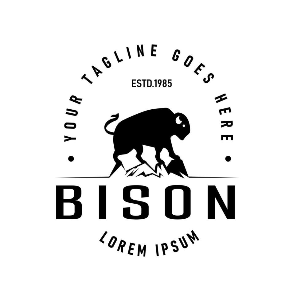 Vintage Design Logo with Bison Silhouette in Mountains. design logo label template vector