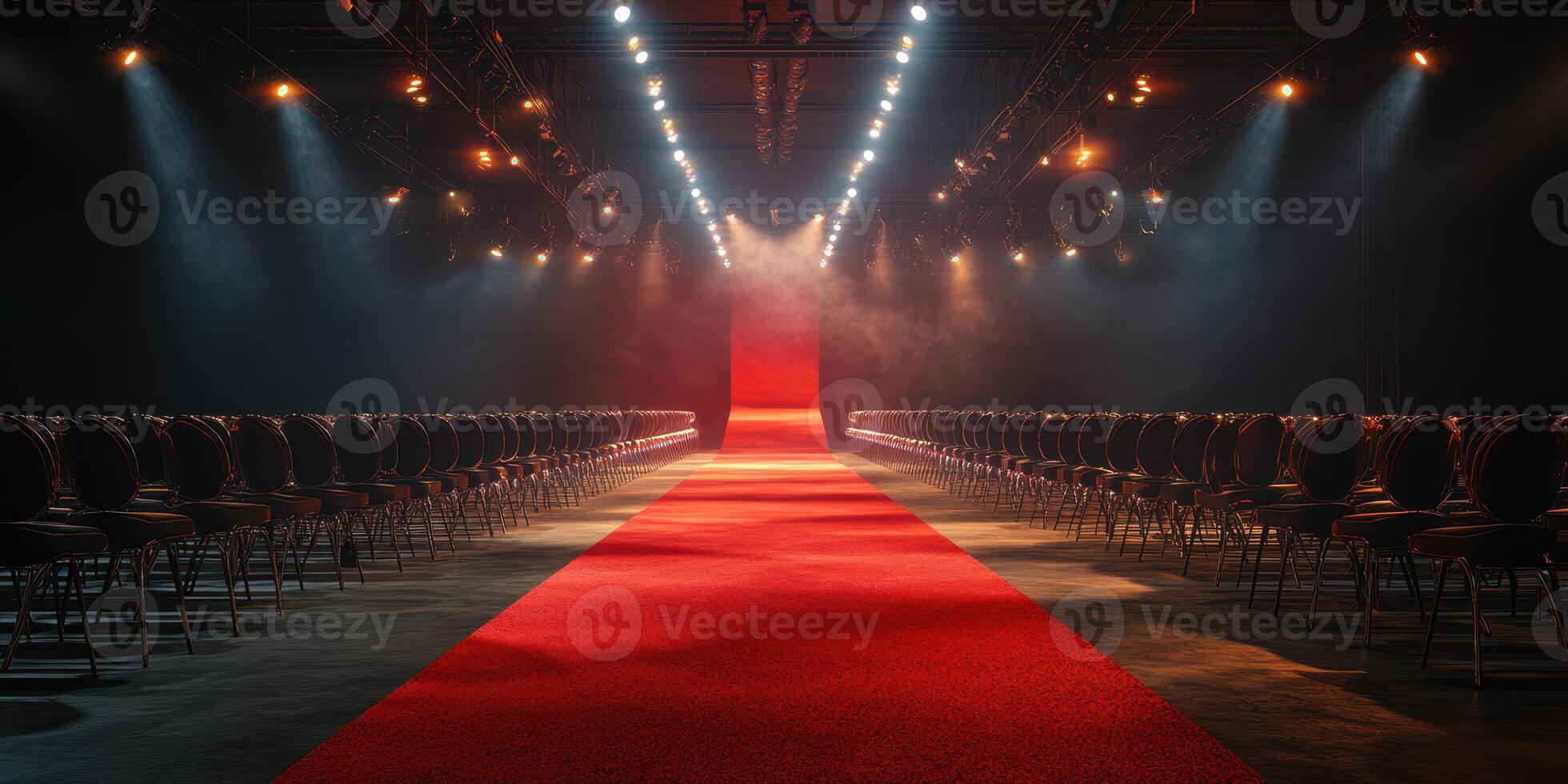 Brightly lit runway with red carpet and empty seats set for fashion show in an indoor venue during night event photo