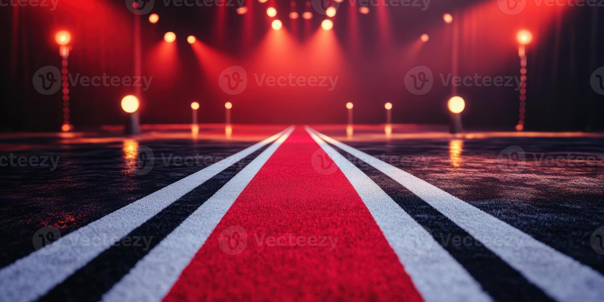 Red carpet leading to a dimly lit stage with bright spotlights in an elegant venue photo
