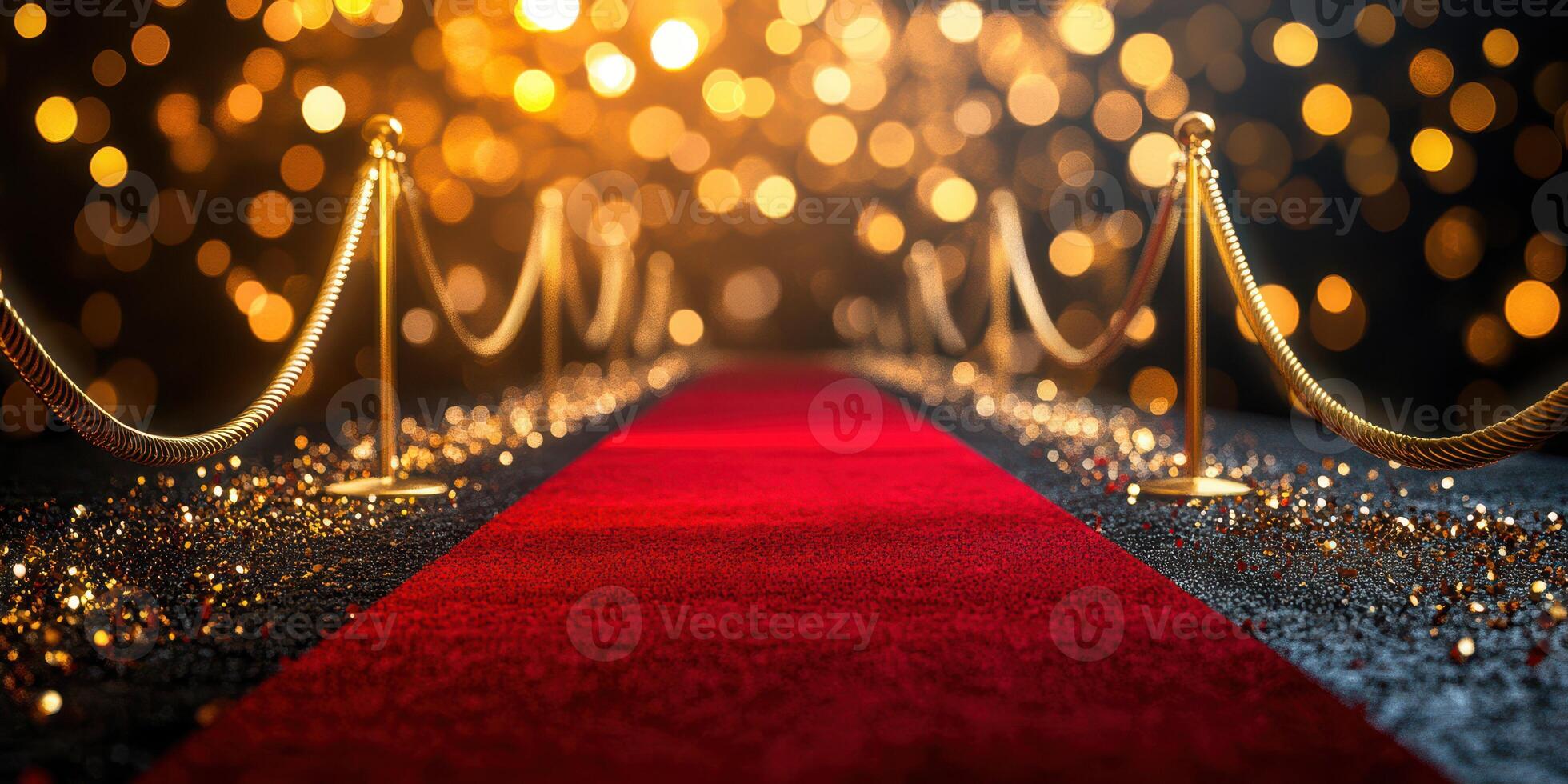 Red carpet event with golden lights and velvet ropes at a glamorous venue creating an elegant atmosphere for celebrities and guests photo