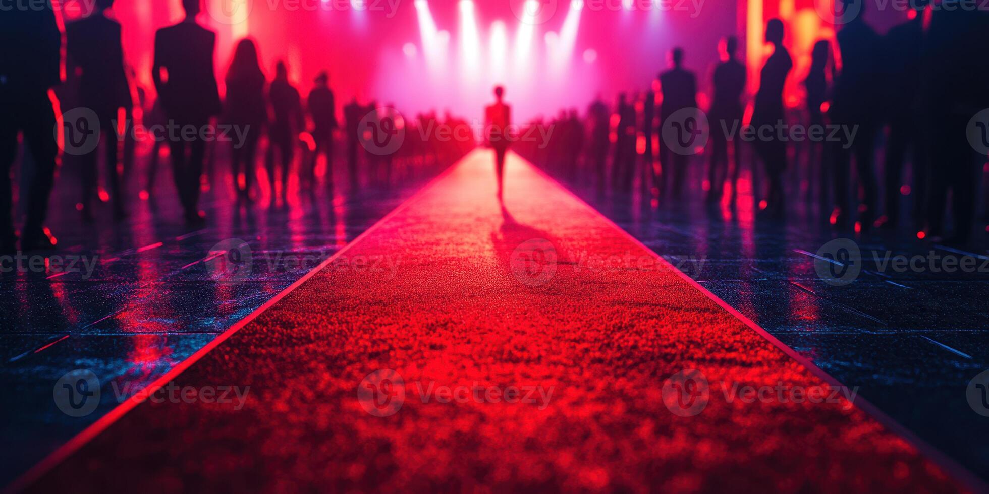 Red carpet event features a dramatic entrance illuminated by vibrant lights and surrounded by an elegant crowd at a nighttime gala photo