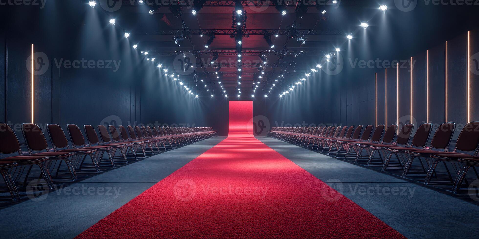 Fashion runway is set with red carpet and bright lights for an upcoming show in an industrial venue photo