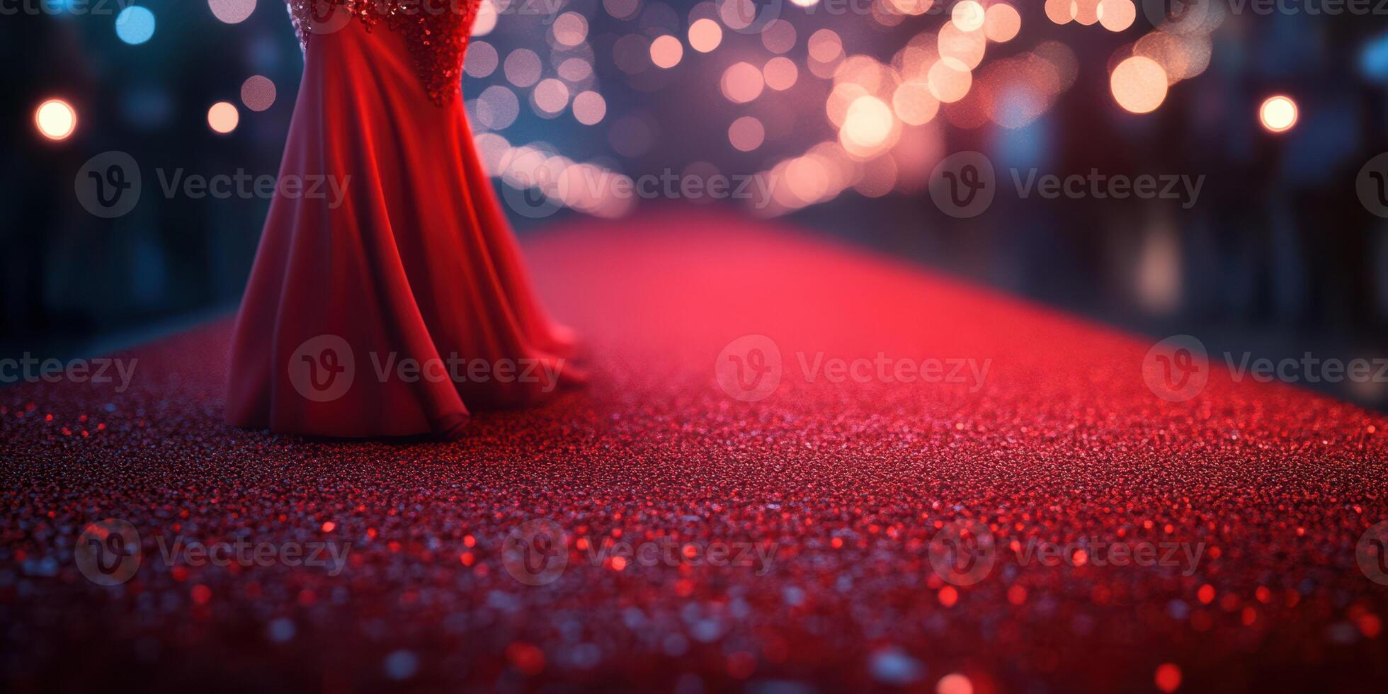 Elegant red dress captures attention on glamorous red carpet at evening gala with twinkling lights in the background photo