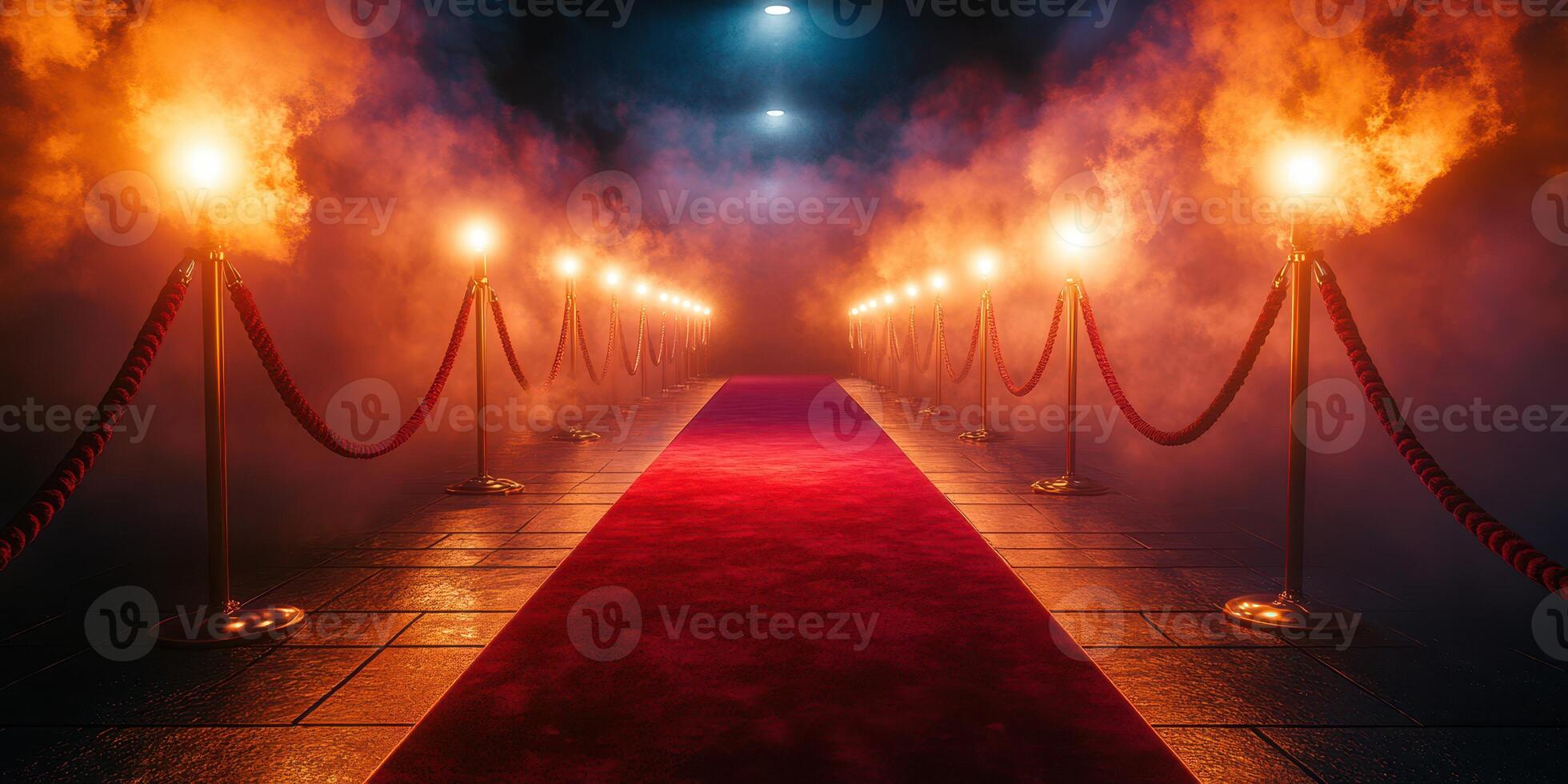 Illuminated red carpet walkway lined with glowing torches and fog creates an elegant entrance atmosphere at night photo