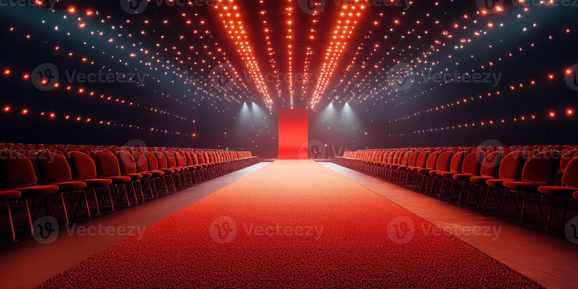 Exciting fashion runway setup featuring red lights and empty seats in a modern venue photo