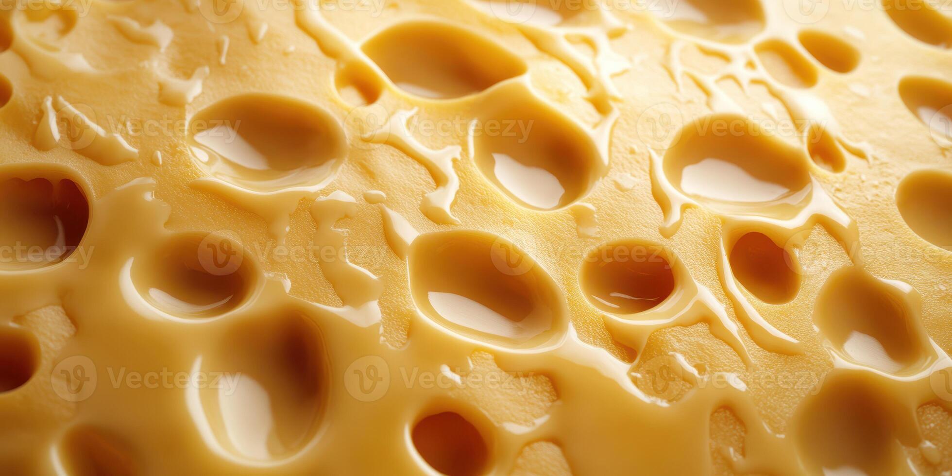Close-up of melted cheese displaying holes and texture under warm light in a cozy kitchen setting photo