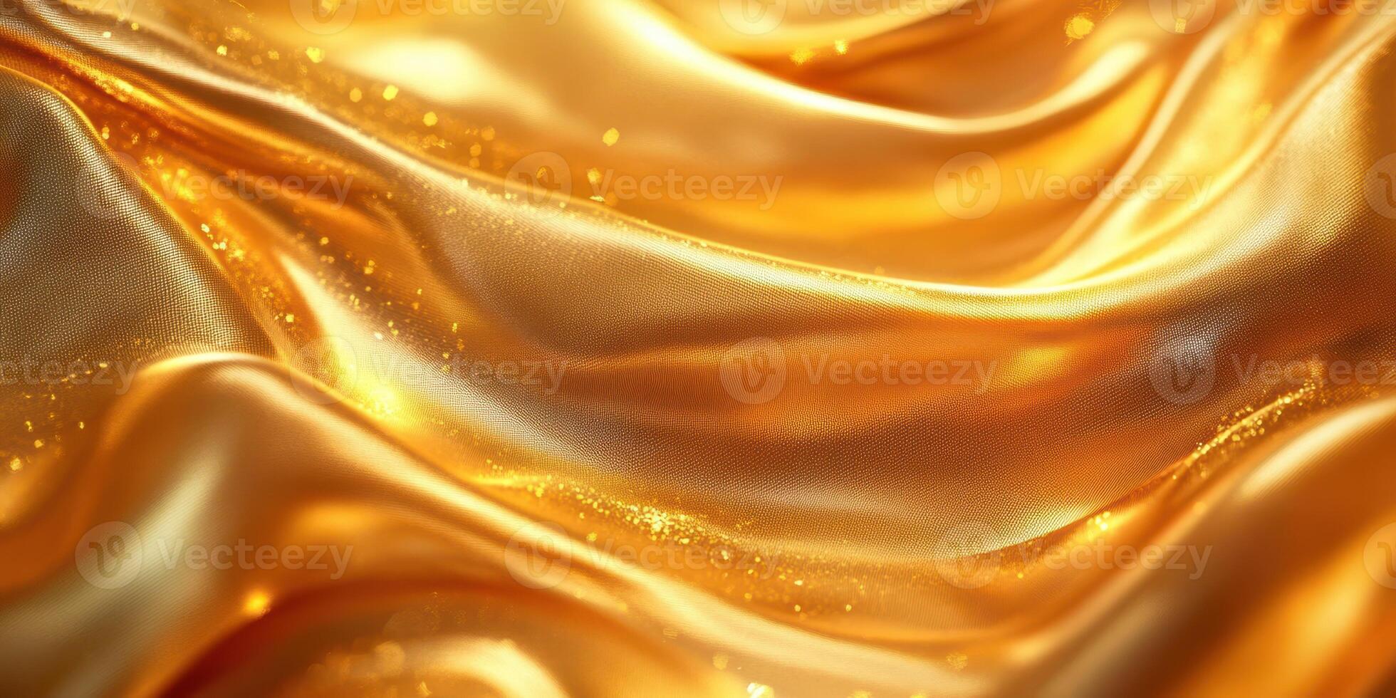 Shimmering golden fabric drapes creating a luxurious and elegant texture under soft lighting photo