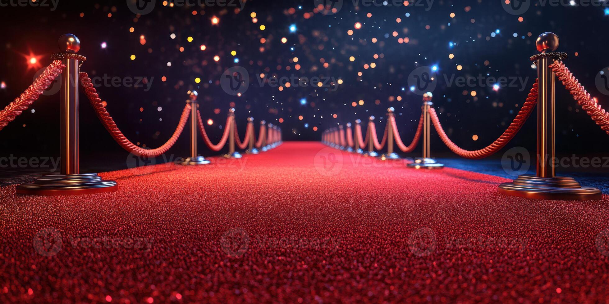 Elegant red carpet with stanchions leading to a shimmering backdrop at a prestigious event photo