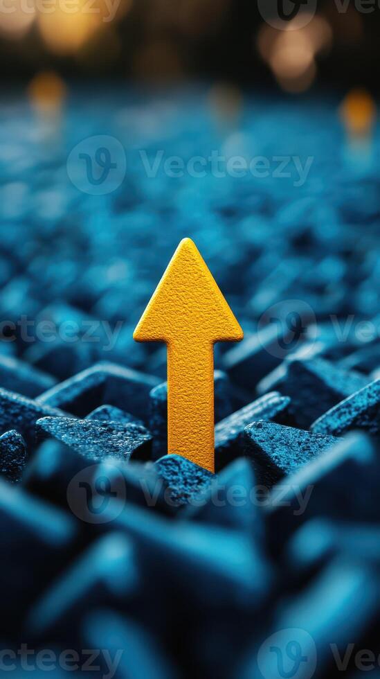Bright yellow arrow pointing upward on blue textured surface during late afternoon light photo