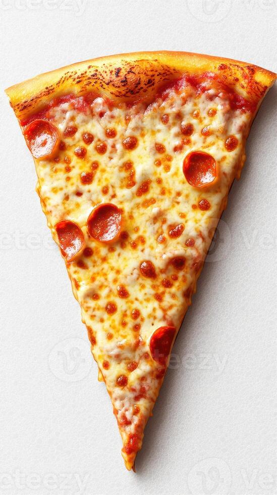 Delicious pepperoni pizza slice with gooey cheese on a white background ready to be enjoyed photo