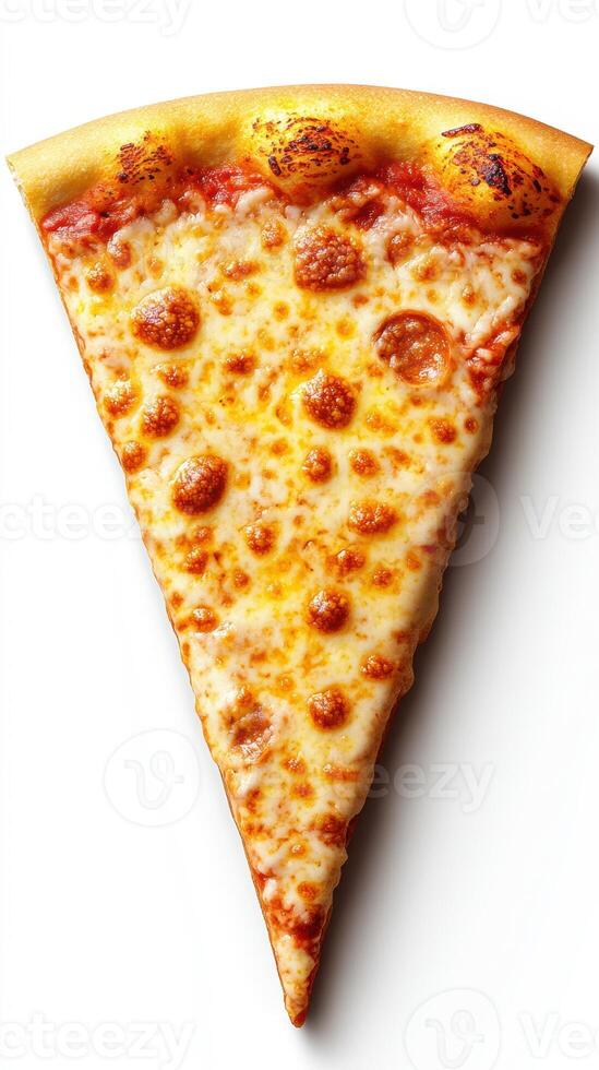 Delicious and cheesy pizza slice with golden crust ready to be enjoyed photo