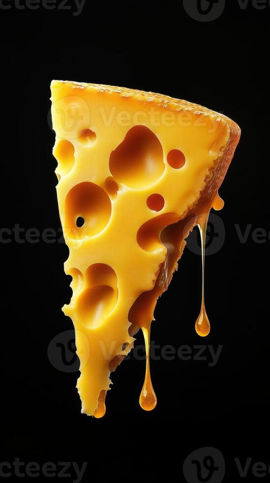 Cheddar cheese slice oozing with melted goodness floating against black background photo