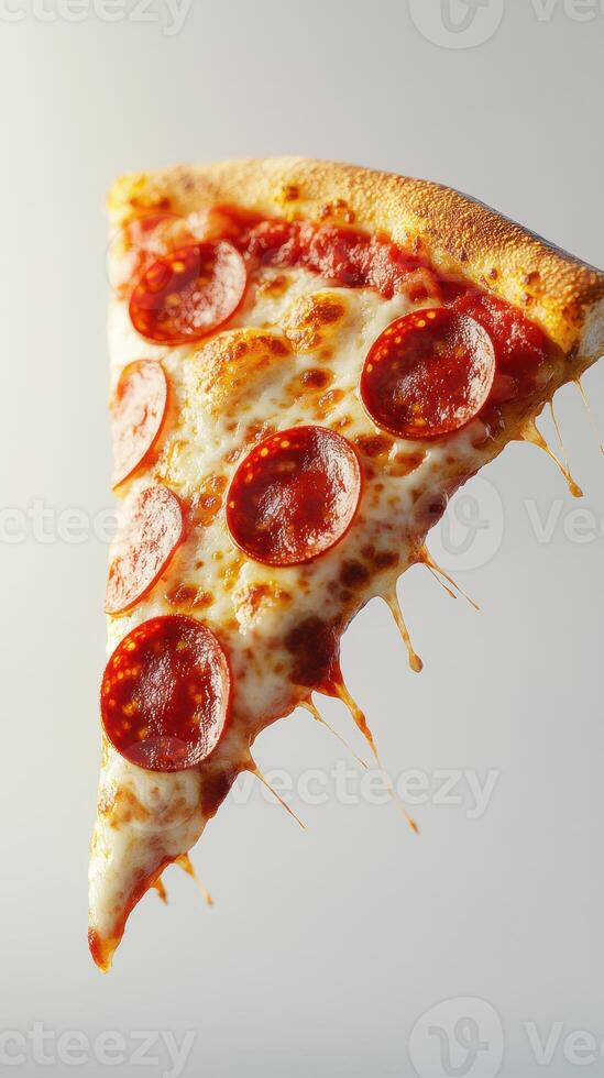 Delicious pepperoni pizza slice with gooey cheese captured in a bright setting photo