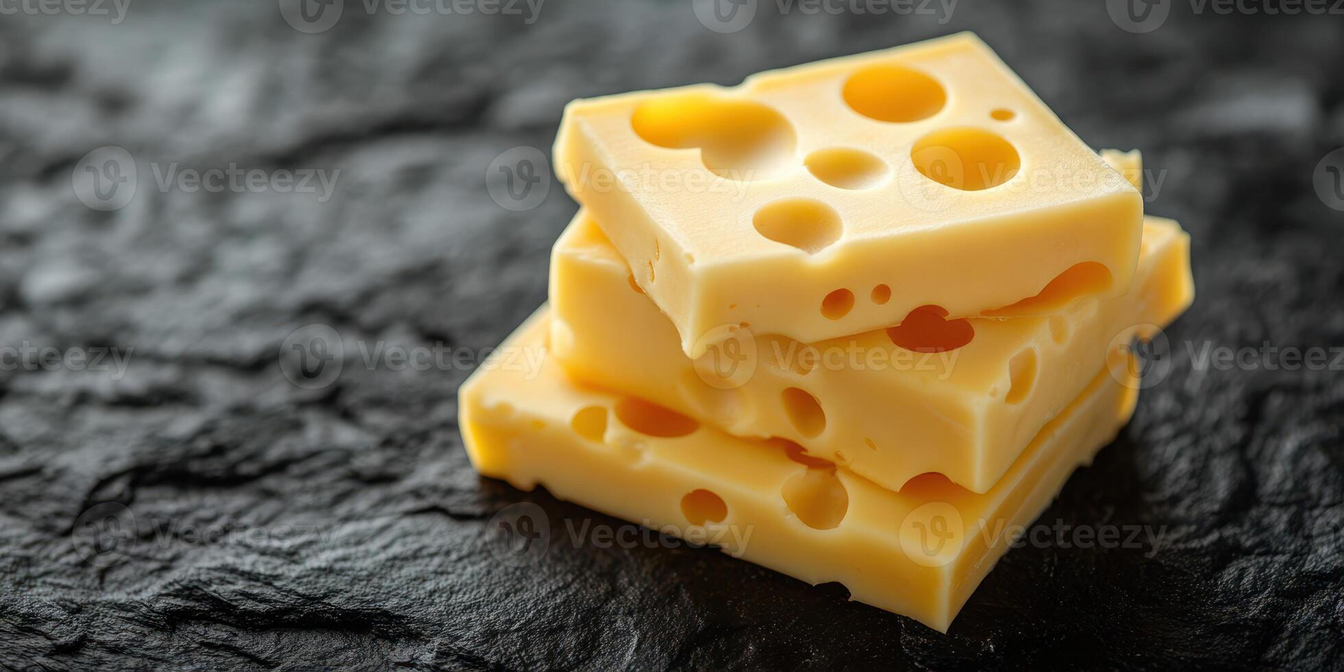 Cheese blocks stacked on a black stone surface displaying smooth texture and characteristic holes photo