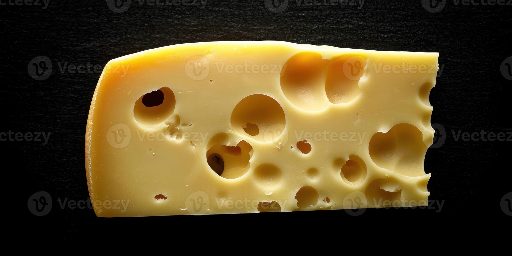 Cheese wedge with holes on a dark background showcasing its texture and color photo