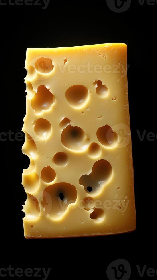 Richly textured yellow cheese with distinct holes on a dark background photo