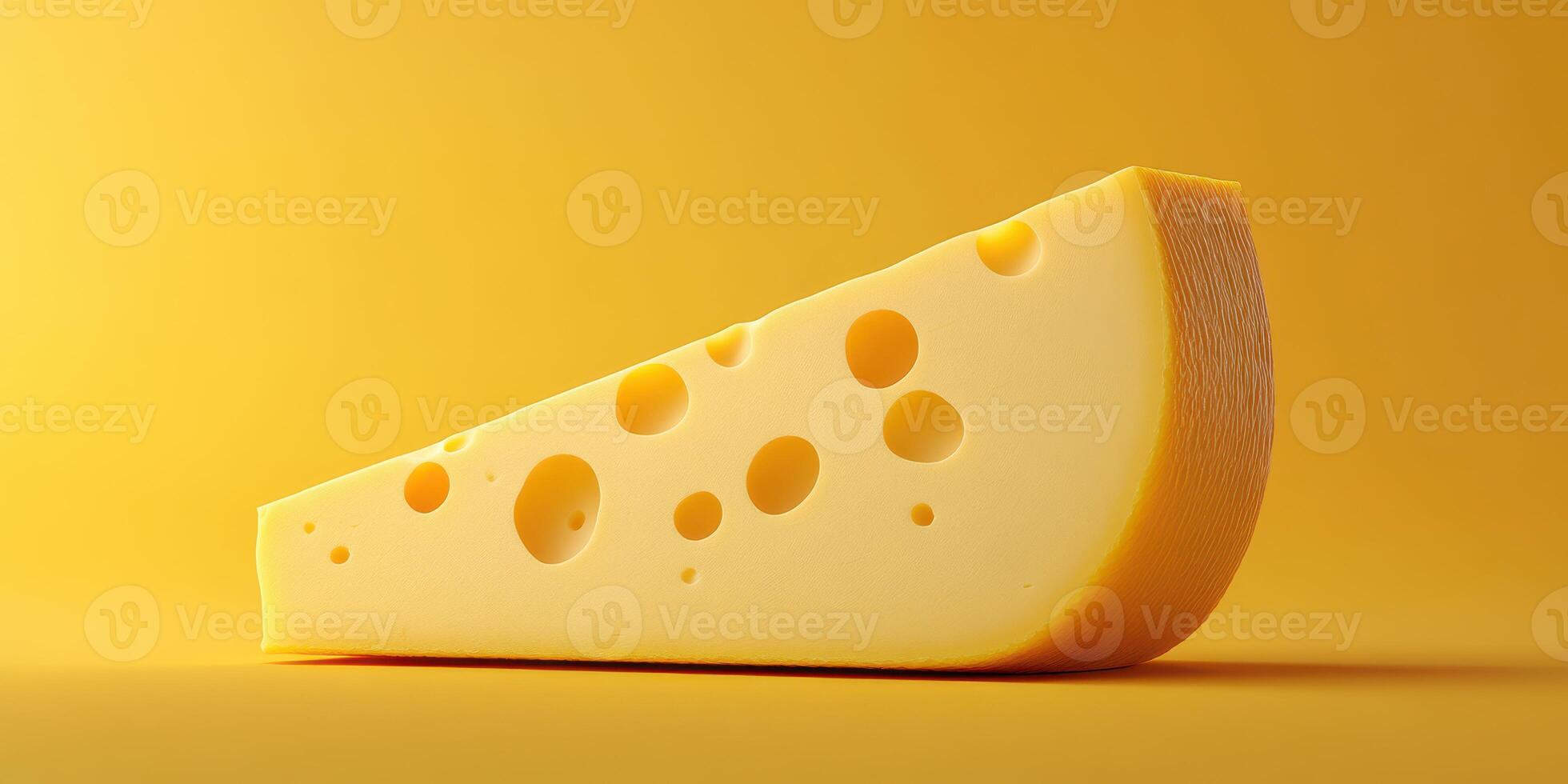 Delicious yellow cheese wedge with distinctive holes on a vibrant yellow background highlighting its texture and color photo
